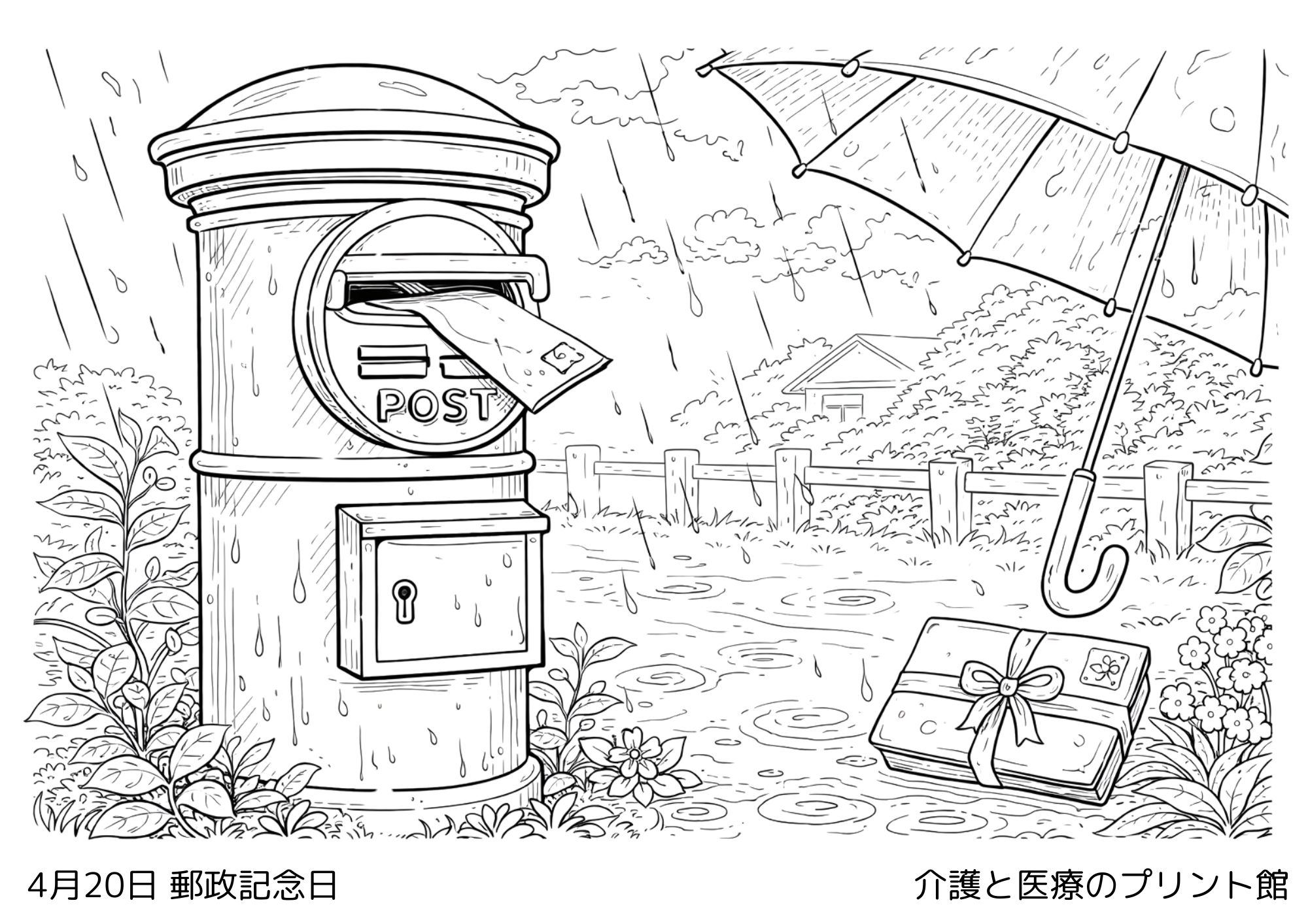 4月20日郵政記念日の塗り絵 ポストと手紙のイメージ 高齢者向け線画
