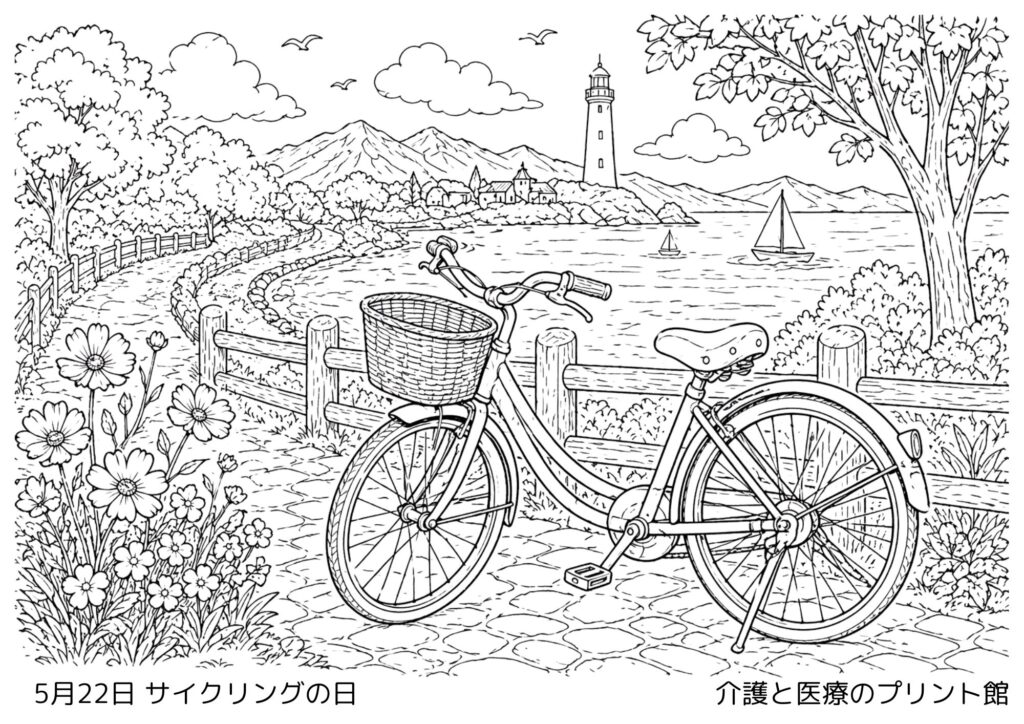 5月22日サイクリングの日の塗り絵 自転車と自然の風景 高齢者向けレクリエーション