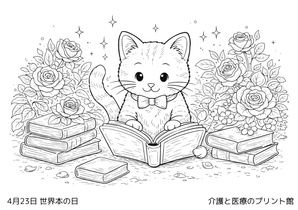 4月23日子ども読書の日の塗り絵 本を読む子猫 やさしい雰囲気の高齢者向け無料塗り絵