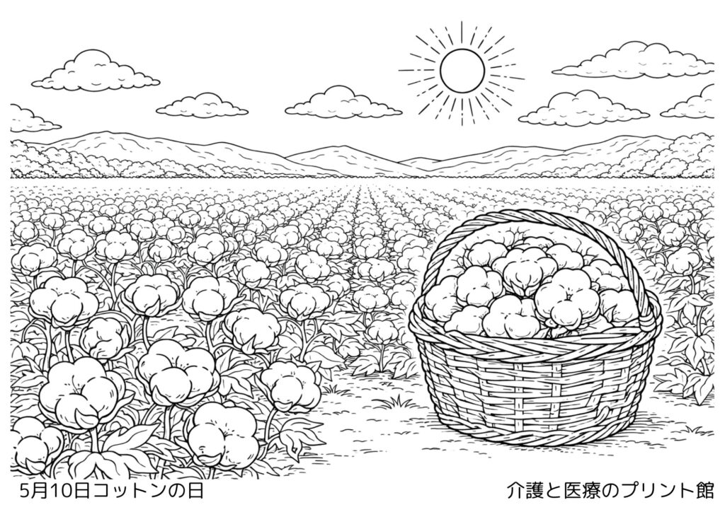 5月10日コットンの日の塗り絵 綿花と布のやさしい風景 高齢者向け無料塗り絵レクリエーション