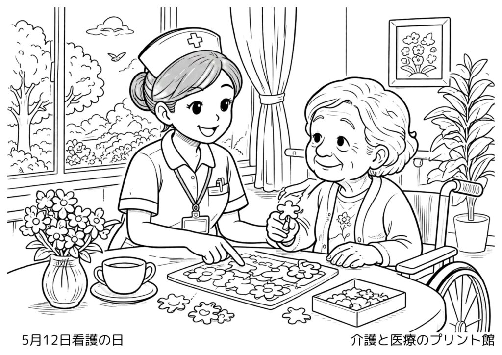 5月12日看護の日の塗り絵 看護師と患者のやさしい場面 高齢者向けレクリエーション