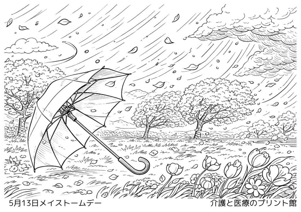 5月13日メイストームデーの塗り絵 風に揺れる木と傘の風景 高齢者向けレクリエーション