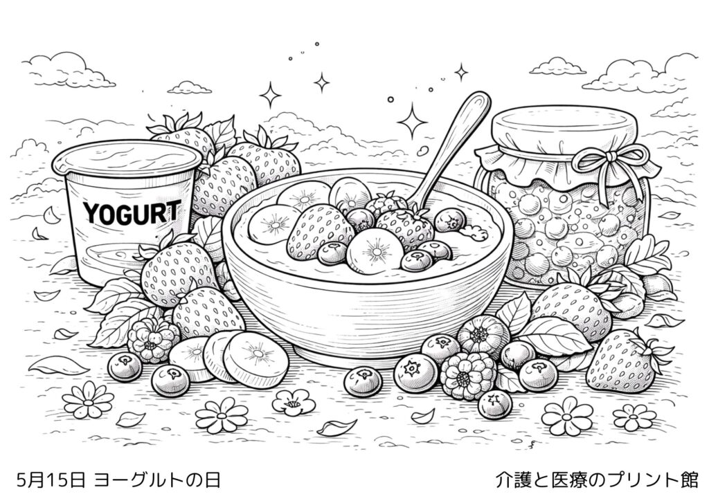 5月15日ヨーグルトの日の塗り絵 ヨーグルトとフルーツ 高齢者向けレクリエーション