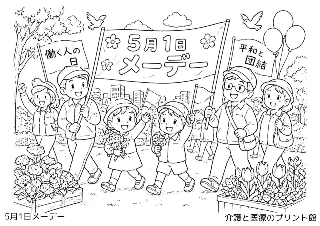 5月1日メーデーの塗り絵 行進する人々と春の花 高齢者向けレクリエーション