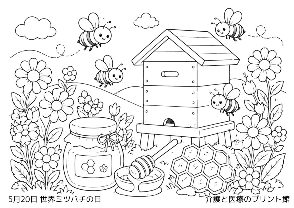 5月20日世界ミツバチの日の塗り絵 ミツバチと花畑の風景 高齢者向けレクリエーション