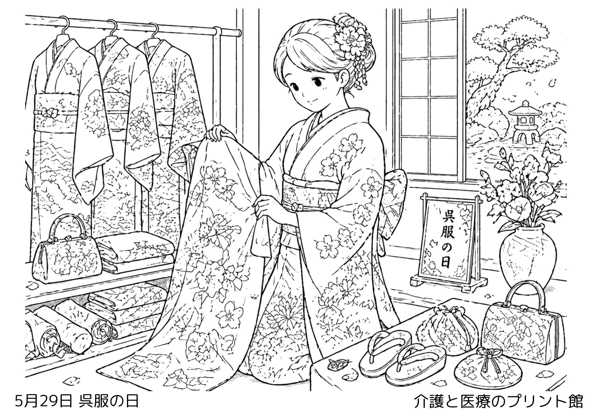 5月29日呉服の日の塗り絵 着物姿の呉服屋の女性の和風デザイン 高齢者向けレクリエーション