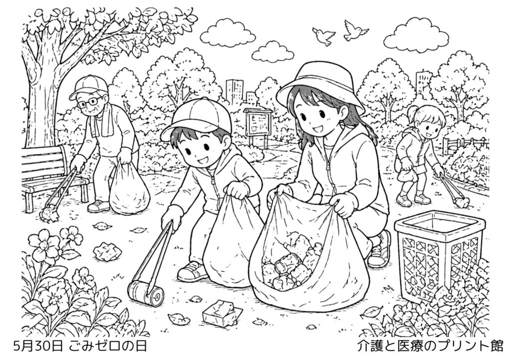 5月30日ごみゼロの日の塗り絵 公園清掃と花壇の風景 高齢者向けレクリエーション