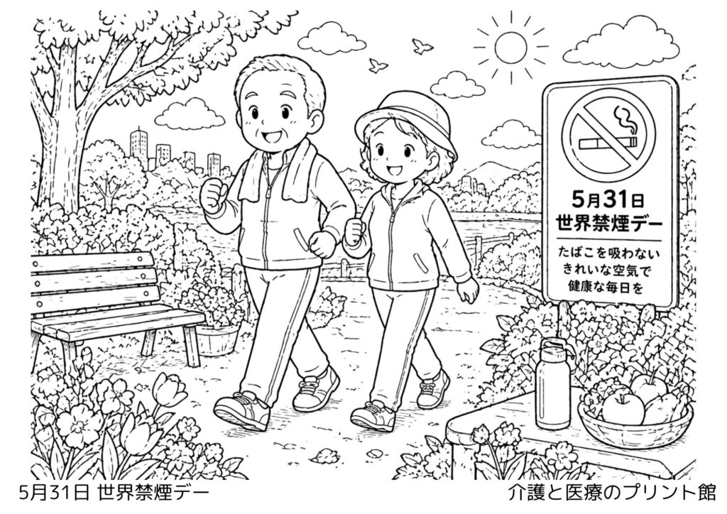 5月31日世界禁煙デーの塗り絵 公園と花の爽やかな風景 高齢者向けレクリエーション