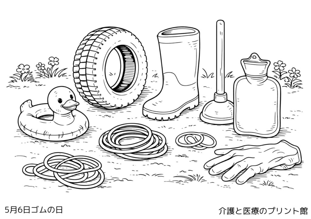 5月6日ゴムの日の塗り絵 輪ゴムと遊びのイメージ 高齢者向け無料塗り絵レクリエーション