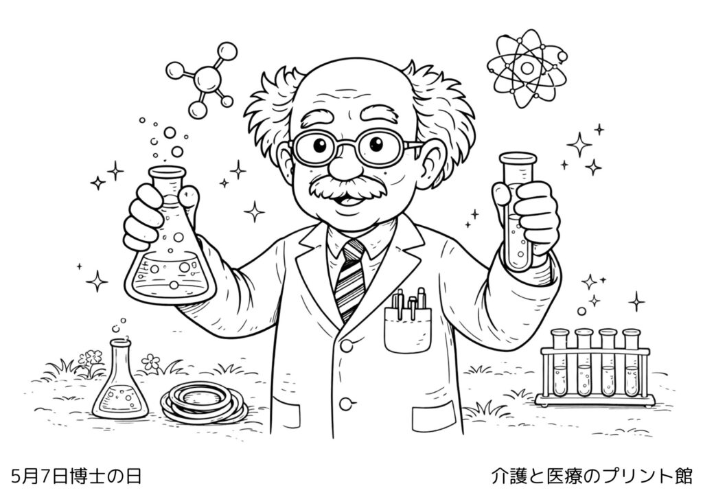 5月7日博士の日の塗り絵 白衣の博士と実験器具 高齢者向け無料塗り絵レクリエーション