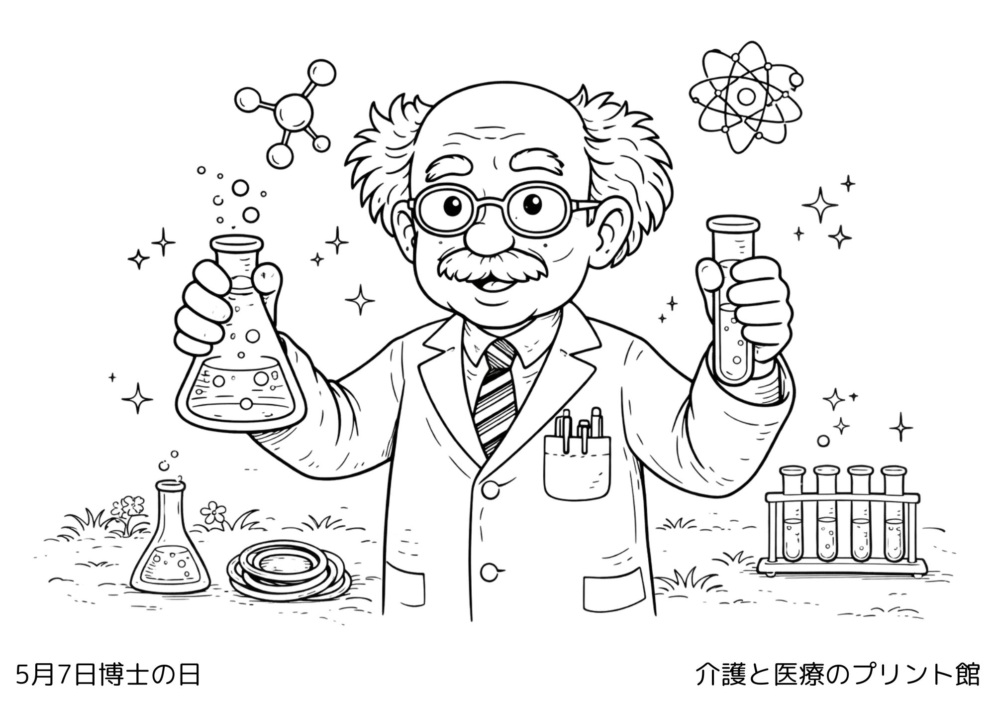 5月7日博士の日の塗り絵 白衣の博士と実験器具 高齢者向け無料塗り絵レクリエーション