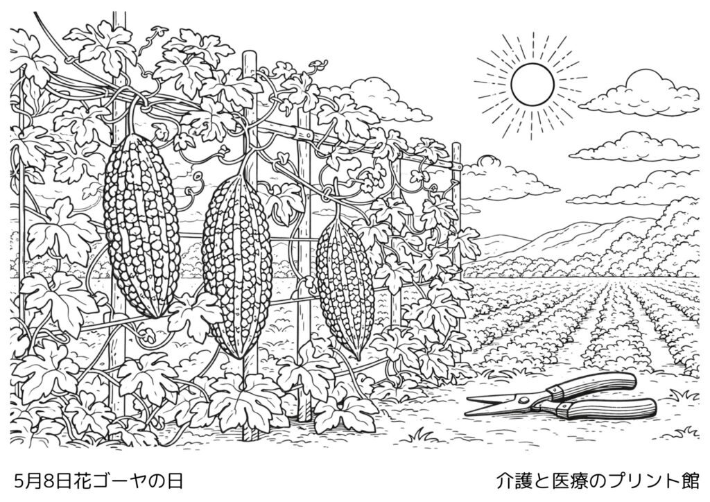 5月8日ゴーヤーの日の塗り絵 ゴーヤーと畑の風景 高齢者向け無料塗り絵レクリエーション