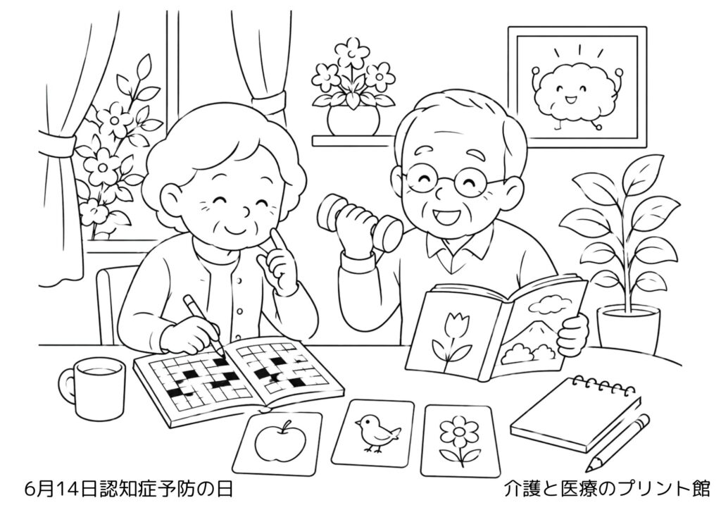 6月14日認知症予防の日の高齢者向け無料塗り絵。読書や会話,
運動など健康的な活動を楽しむ様子を描いた白黒線画。