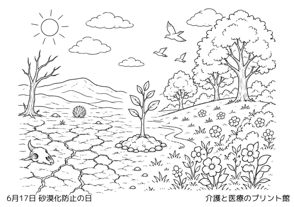 6月17日砂漠化防止の日の高齢者向け無料塗り絵。乾いた土地から緑の丘へ変わっていく風景と苗木を描いた高齢者レク