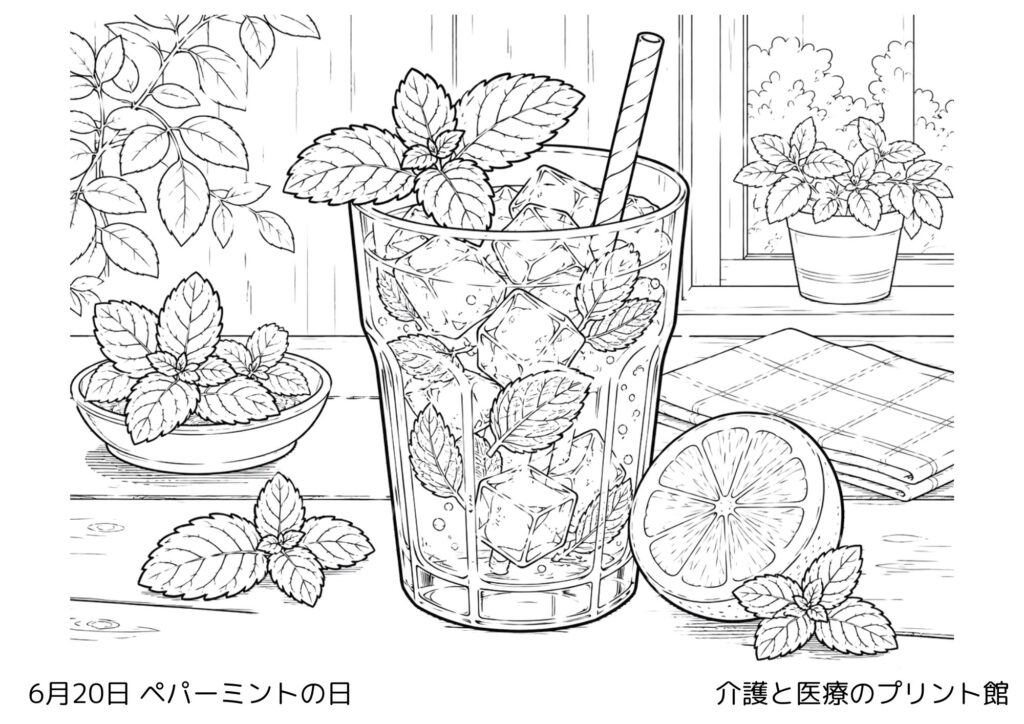 6月20日ペパーミントの日の高齢者向け無料塗り絵。ミントの葉と冷たい飲み物を描いた涼しげな白黒線画。