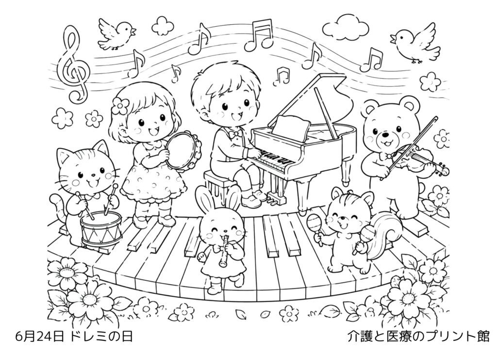 6月24日ドレミの日の高齢者向け無料塗り絵。ピアノと音符、花々に囲まれた音楽をテーマにした白黒線画。