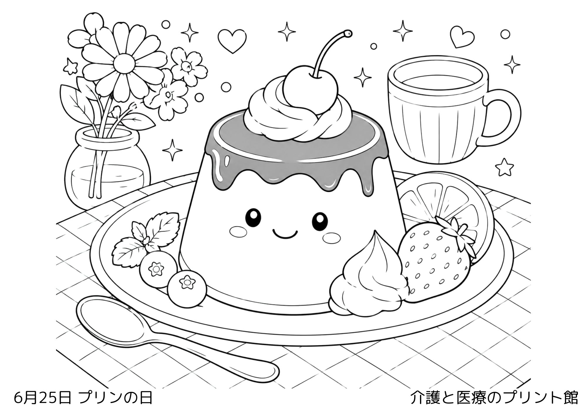 6月25日プリンの日の高齢者向け無料塗り絵。大きなプリンとフルーツ、クリームを描いたかわいらしい白黒線画。