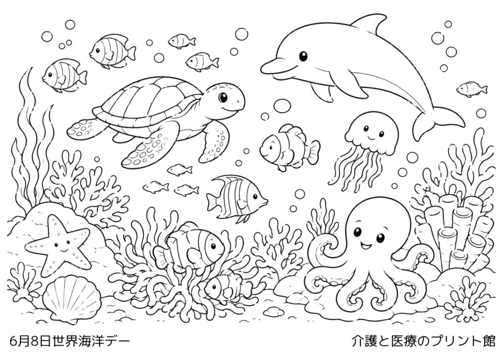 6月8日世界海洋デーの高齢者向け無料塗り絵。カメ、イルカ、魚、タコ、クラゲ、サンゴなど海の生き物を描いた高齢者レク