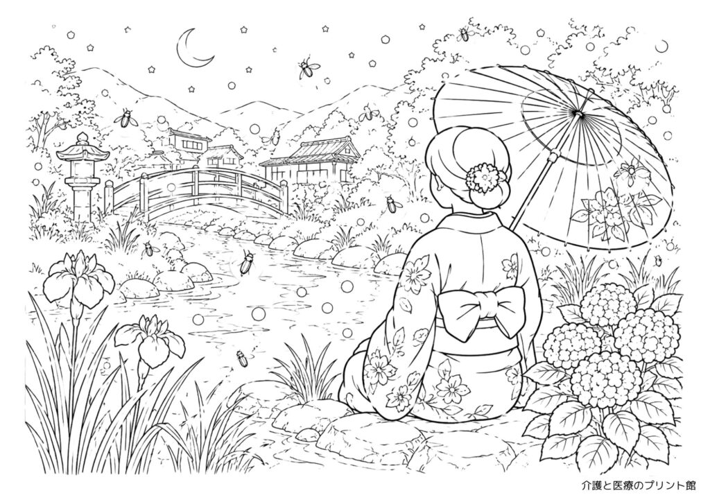川辺を飛ぶ蛍と和傘を描いた高齢者向け和風夏景色の塗り絵。病院、介護施設向け