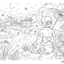 川辺を飛ぶ蛍と和傘の高齢者向け無料塗り絵|夏の夜を楽しむ和風レクリエーション