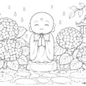 6月の季節を感る「紫陽花とお地蔵さん」の高齢者向け無料塗り絵