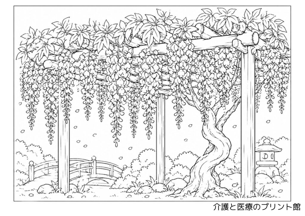 藤棚（ふじだな）と和風庭園の風景を描いた高齢者向け春の塗り絵