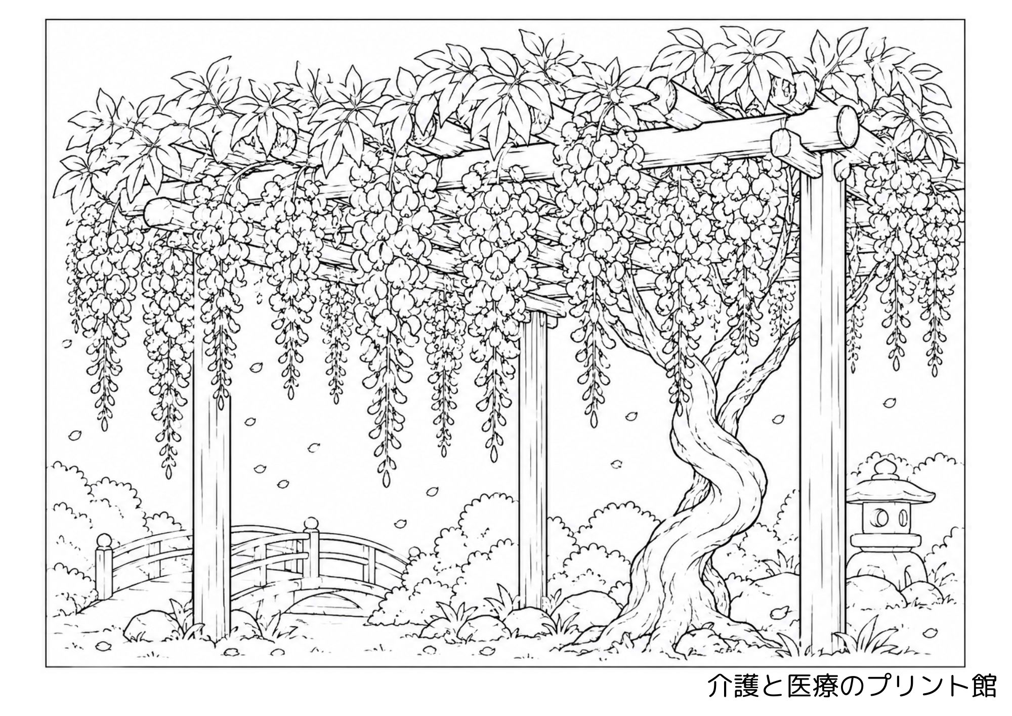 藤棚（ふじだな）と和風庭園の風景を描いた高齢者向け春の塗り絵