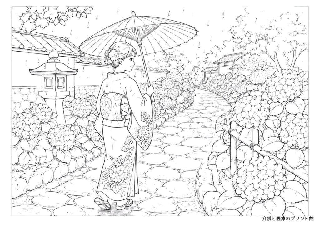 紫陽花と和傘と着物の女性の6月の塗り絵 高齢者向け無料プリント