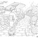 紫陽花と和傘の塗り絵|着物の女性が歩く高齢者向け無料プリント【6月・梅雨】