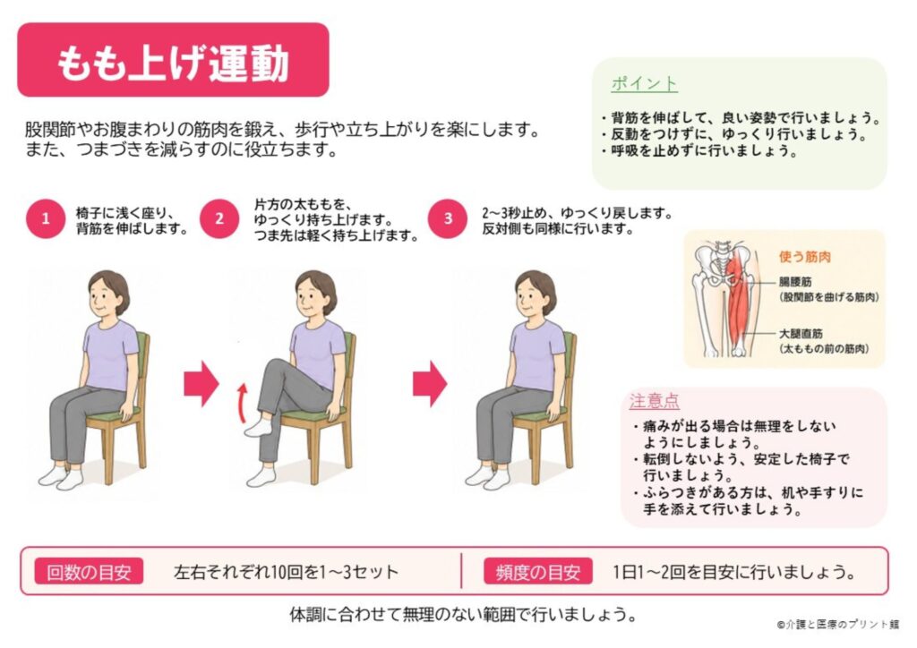 椅子に座って片脚ずつ膝を持ち上げる高齢者向けもも上げ運動の自主トレ無料自主トレプリント