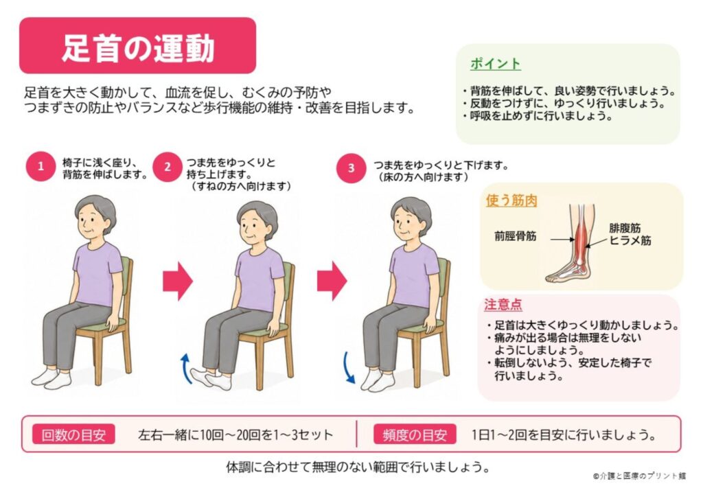 椅子に座ってつま先を上げ下げする高齢者向け足首運動の自主トレプリント