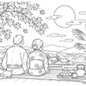 縁側から十五夜を眺めるお月見の秋の塗り絵