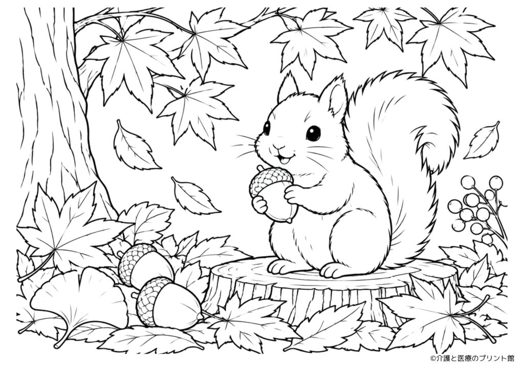 どんぐりを持つリスと紅葉したもみじやイチョウを描いた秋の無料塗り絵