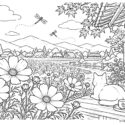 古民家から眺めるコスモス畑の塗り絵