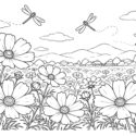 コスモス畑と赤とんぼを描いた秋の塗り絵