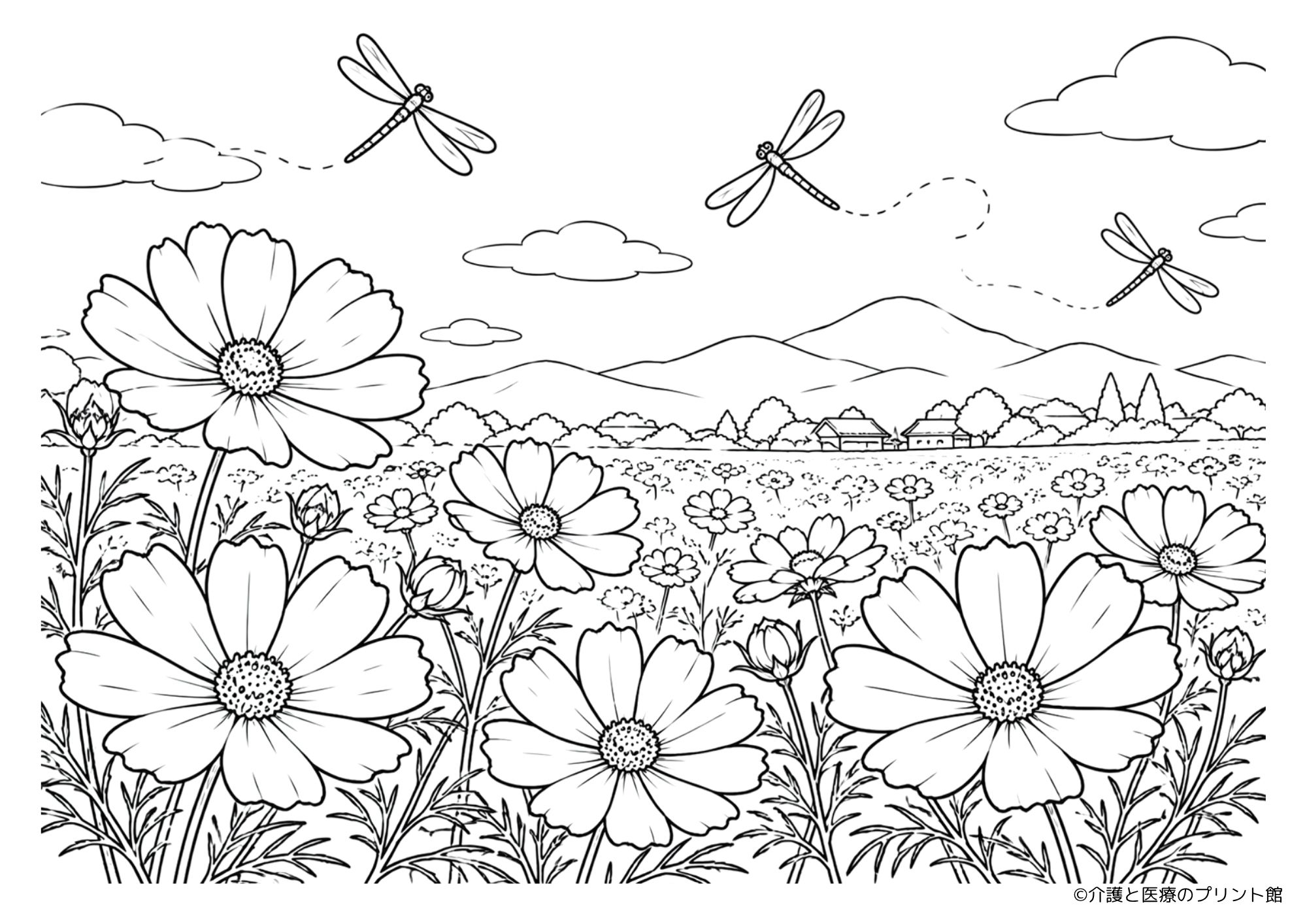 コスモス畑の上を赤とんぼが飛ぶ秋の田舎風景を描いた無料塗り絵