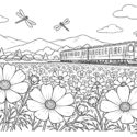 コスモス畑を走る電車を描いた秋の塗り絵