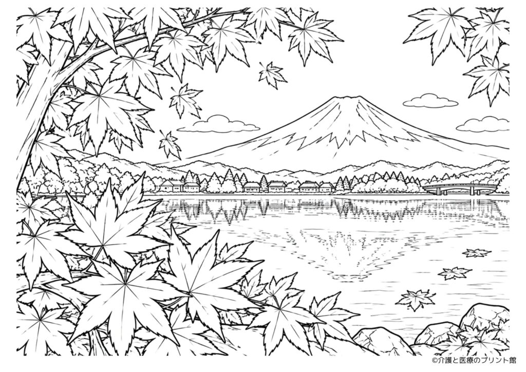 紅葉したもみじと富士山、湖に映る逆さ富士を描いた秋の無料塗り絵