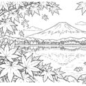 富士山と紅葉を描いた日本の秋の塗り絵