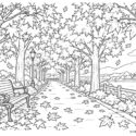 紅葉の並木道を描いた秋の塗り絵