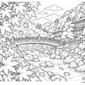 紅葉に包まれた渓谷と橋の塗り絵