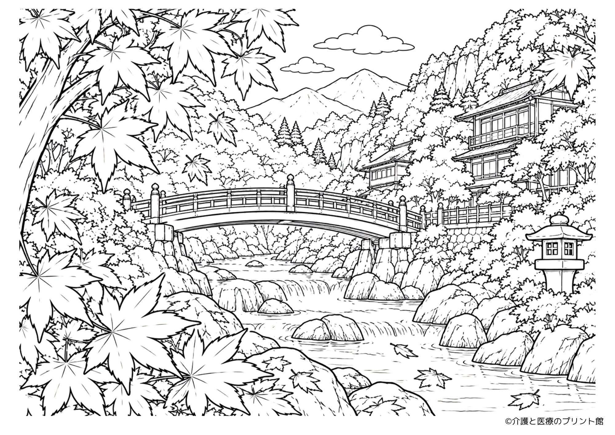 紅葉に囲まれた渓谷と橋、温泉旅館を描いた日本の秋の無料塗り絵