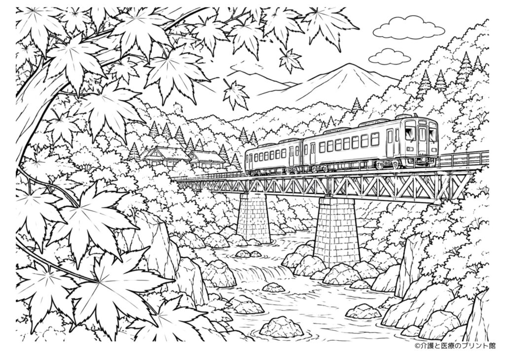 紅葉した山の渓谷と鉄橋を走るローカル電車を描いた秋の無料塗り絵