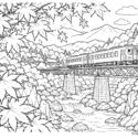紅葉の渓谷を走る電車【秋の塗り絵】